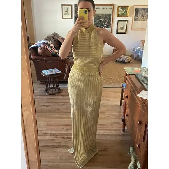 Herve Leger Gold Knit Halter Maxi Gown Size Large - Picture 2 of 11